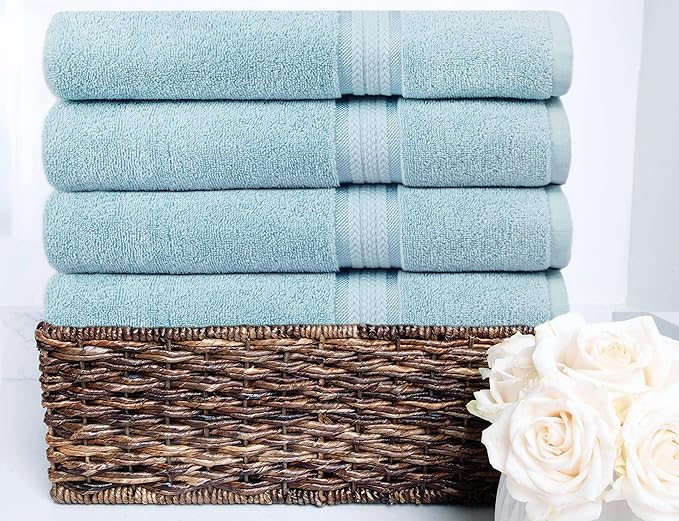COTTON CRAFT Ultra Soft Bath Towels - 4 Pack XL Bathroom Towels - Oversized 30x54 - Absorbent Everyday Luxury Hotel Spa Gym Shower Beach Pool Travel Dorm - 100% Cotton Plush 580 GSM - Light Blue