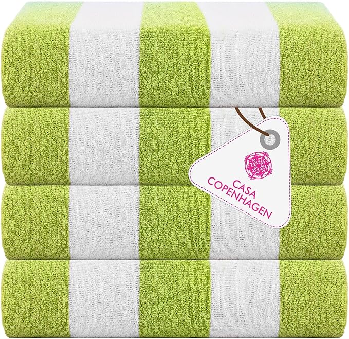 CASA COPENHAGEN Cabana Towel 4Pcs Green Designer Stripe Beach Towels Gift Set, 30"x60" Oversized 100% Cotton Pool Bath Towel for Beach Gift Set (Perfect Summer Gift Set for Women & Men)