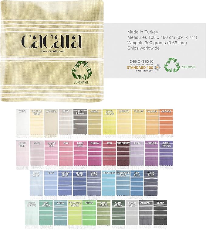 Cacala Lightweight and Thin Turkish Beach Towel 100% Cotton Sand-Free and Quick-Drying Goodness Perfect as an Extra Large Travel Towel, Beach Accessory, or Gift for Beach Lovers, 37 x 70