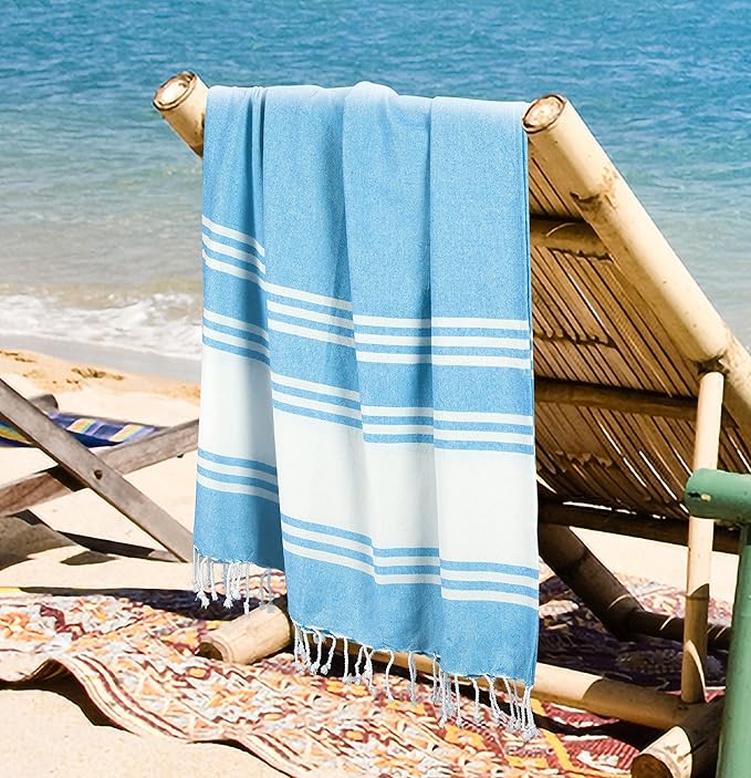 Goroly Home Cotton Turkish Peshtemal Beach Towel, Extra Large, Thin Quick Dry Sand Free Pool & Swim Towel, Bathing Blanket, Travel Essentials, (Turquoise Blue, 36x71 Inches)