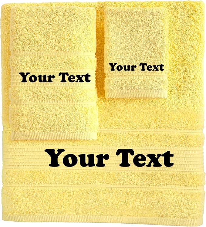 Personalize Your Towels with Custom Embroidery: Names, Monograms, and Initials. Perfect For Kids, Adults, Pool, Travel, Gifts, 3-Piece Towel Set; 1 Bath Towel, 1 Hand Towel, and 1 Wash Cloth - Yellow