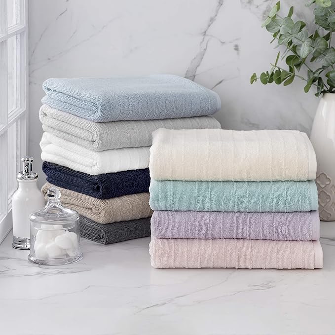 Welhome James 100% Cotton Textured Stripe Towels - 6 Pack Hand Towels, Soft & Absorbent, Gray