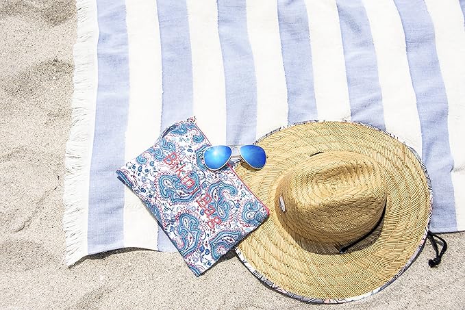 Lightweight Turkish Beach Towel - 100% BCI Cotton, Unbleached Raw Fringe, Oeko-TEX Certified, Absorbent, Eco-Friendly, 36x66”, Sky Blue & Natural Stripes, Portable Sarong Blanket for Pool, Travel