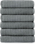 Welhome James 100% Cotton Textured Stripe Towels - 6 Pack Hand Towels, Soft & Absorbent, Gray