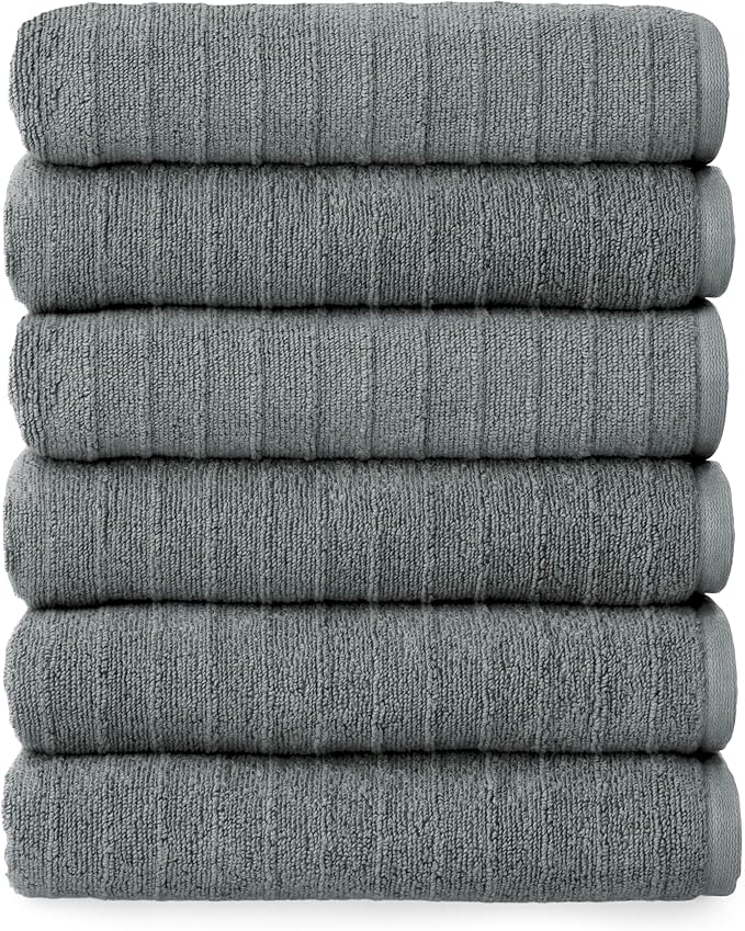 Welhome James 100% Cotton Textured Stripe Towels - 6 Pack Hand Towels, Soft & Absorbent, Gray