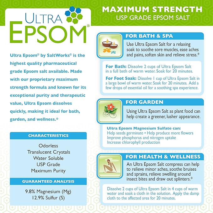 SaltWorks Ultra Epsom Premium Bath Salt, Medium Grain, 2 Pound Bag