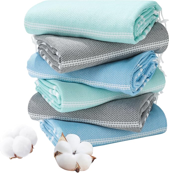Genovega 6 Packs Oversized Turkish Beach Bath Towel Set Bulk 74"x38" Extra Large Sand Free Quick Dry Swim Camping Pool Clearance Towels Travel Blanket Adult Essentials Grey Coral Blue Stripe