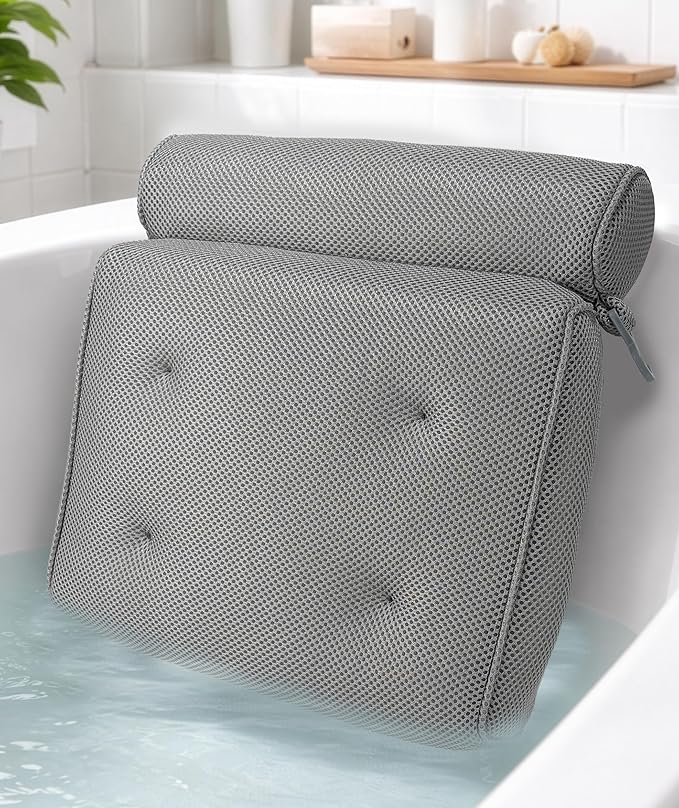 Everlasting Comfort Luxury Bath Pillows for Tub with Head and Neck Support - Non-Slip Bathtub Pillow with Suction Cups, Quick-Drying Mesh & Drying Hook - Jacuzzi & Spa Accessories for Women - Gray