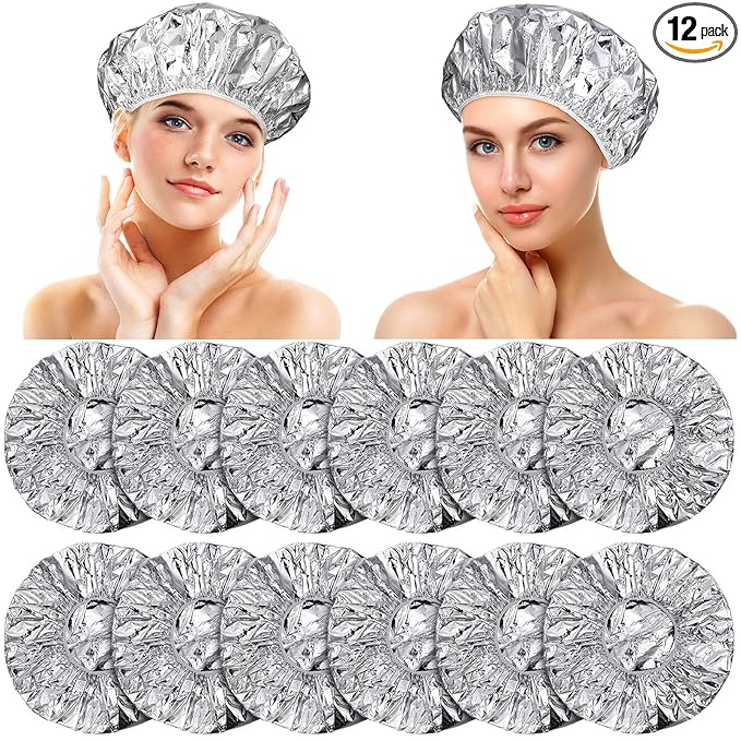12 Pieces Deep Conditioning Caps Aluminum Foil Reusable Hair Processing Hair Coloring Shower Caps for Home Salon Use(16 Inch,Silvery)