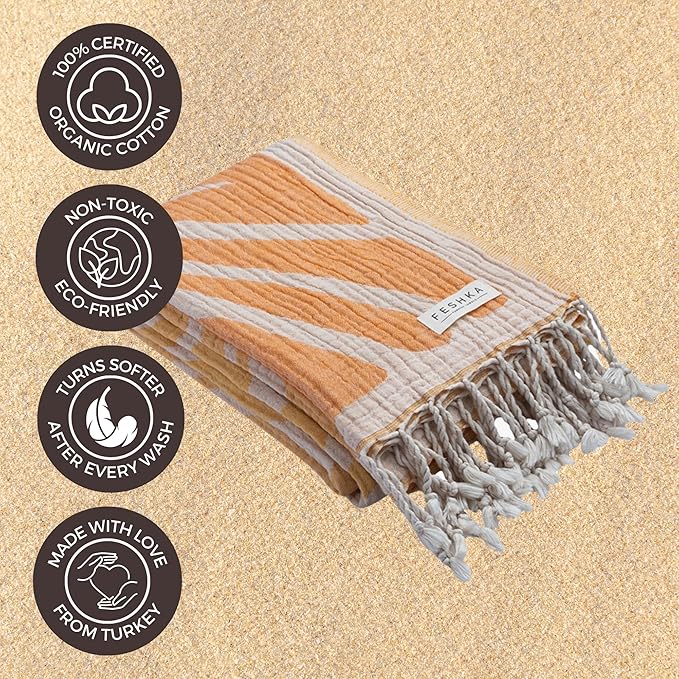 FESHKA Sand Free Turkish Beach Towel (37 x 67) Quick Dry Bath Towel, Oversized Beach Blanket, Lightweight for Travel - Made with 100% Organic Turkish Cotton - Summer Solstice (Yellow/Orange)