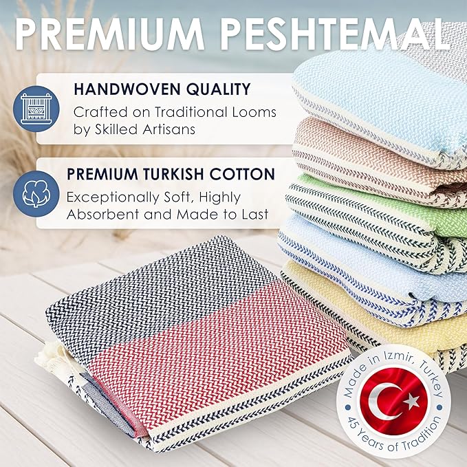 ATANI Turkish Beach Towel (71x39 Inches), Converts to a Bag, Oversized 100% Cotton Bath Towels Lightweight Quick-Dry Beach Blanket for Travel, Picnic, Camping, Yoga and Pool (Red x Navy Blue)