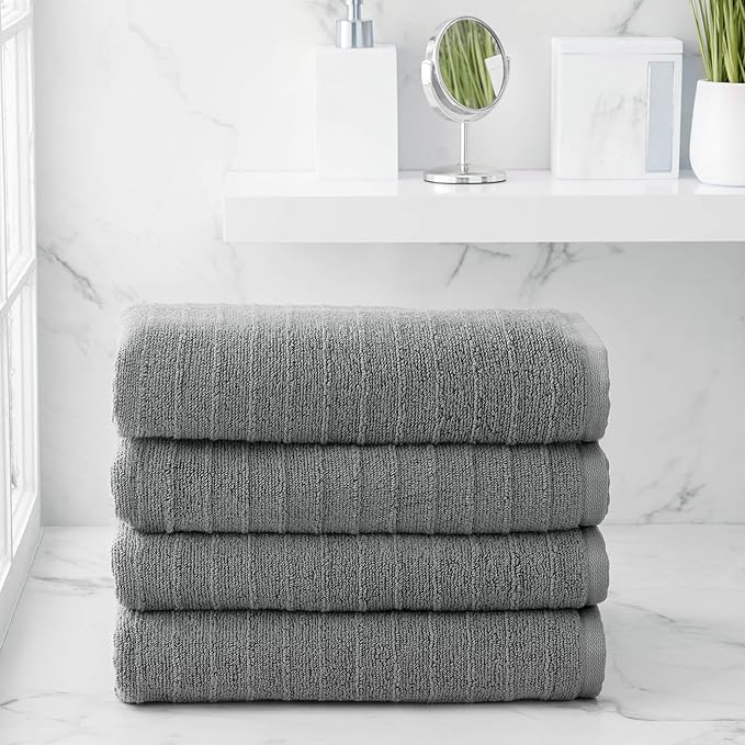 Welhome James 100% Cotton Textured Stripe Towels - 4 Pack Bath Towels, Soft & Absorbent, Gray