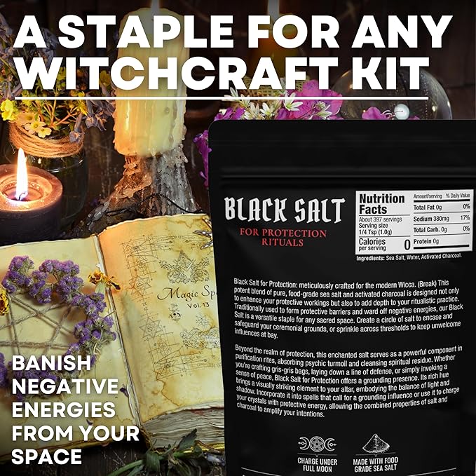 Black Salt for Protection Rituals & Wiccan Spells, Handcrafted Negative Energy Protection Crystals for Witchcraft, 14 Oz Bag, Witches & Wiccan Witchcraft Supplies