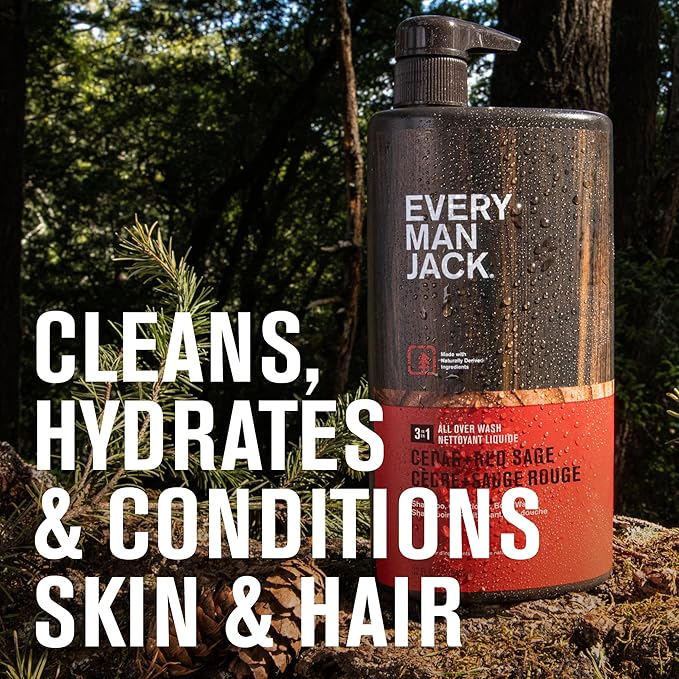 Every Man Jack Cedar + Red Sage Mens 3-in-1 All Over Wash for All Skin and Hair Types - Body Wash, Shampoo and Conditioner with Naturally Derived Ingredients - Paraben & Dye Free - 28.8oz - 2 Pack