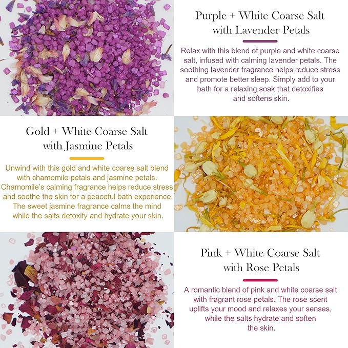 Bath Salts for Women Relaxing, Epsom Salt Bath Soak Gift Set, Mother's Day Birthday Gifts, Spa Bath & Foot Soak, Handmade with Dried Flowers, 3 Bottles Individual Pack, Lavender, Rose & Lemon Scents