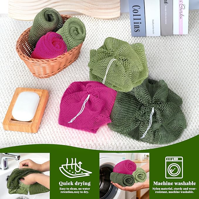 African Net Sponge Authentic, 3 Pieces Exfoliating Scrubber Bath Sponge for All Skin Types, Back Scrubber Loofah Washcloth for Shower, Gentle Exfoliation (Dark Green,Light Green,Rose Red)
