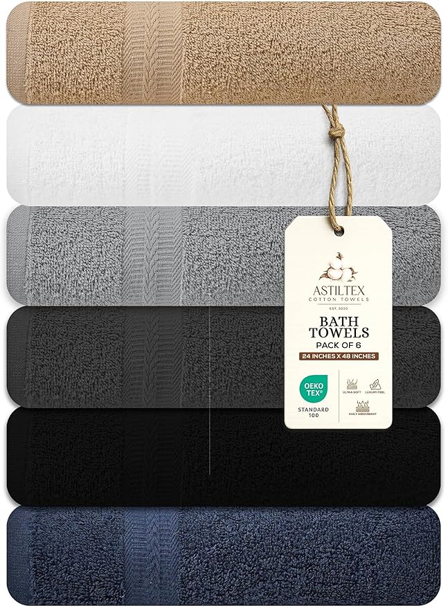 Medium Bath Towels Pack of 6 – 24x48 Inches – Soft, Quick Dry & Highly Absorbent – 100% Cotton Towels for Bathroom, Spa, Gym & Hotel – Multi Assorted