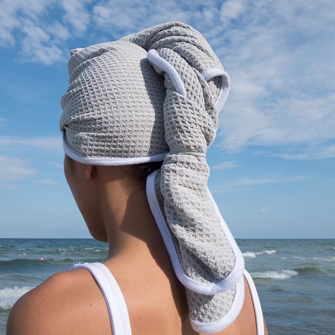 Microfiber Hair Wrap for Women - Extra Large 45 x 25 Quick-Dry Towel, Anti-Frizz, Breathable, Waffle Knit, Elastic Loop for Wet, Curly & Straight Styles - Grey - Microfiber Hair Towel