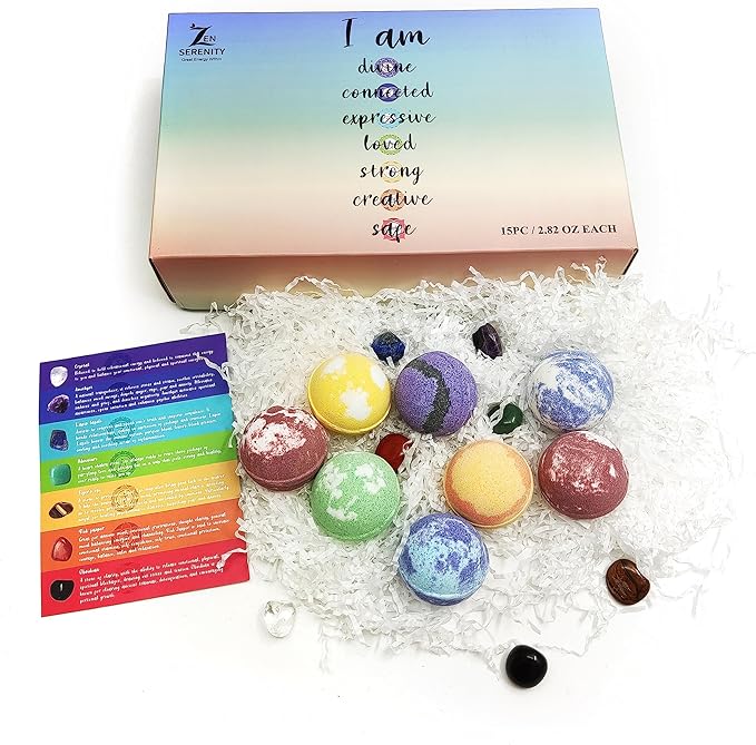 Chakra Healing Gemstones Bath Bombs. 15 Essential Oil Bath Bombs. Real Chakra Stones Bath Bombs for Adults. Perfect for Yoga Lovers. Meditation, Balancing, Positive Energy, Sleep, Reiki & Yoga Lovers