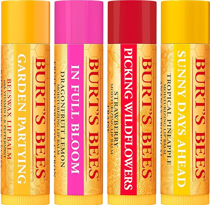 Burt's Bees Gifts Ideas - In Full Bloom Lip Balm Set, Original Beeswax, Dragonfruit Lemon, Tropical Pineapple & Strawberry, Natural Origin Lip Treatment, 4 Tubes, 0.15 oz. (Pack of 8)