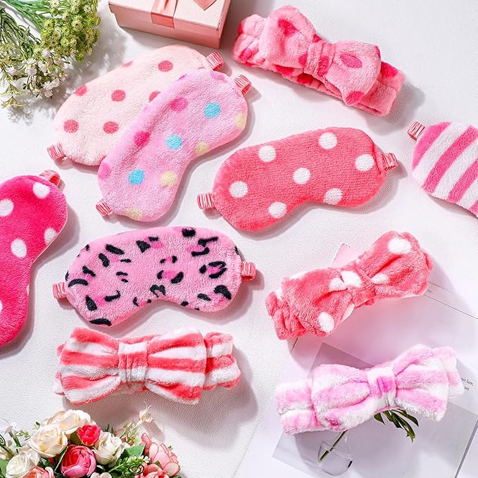 Xuhal 24 Pcs Spa Sleepover Party Favors Supplies Plush Headband and Eye Mask for Women Soft Makeup Washing Face Sleep Hair Bands for Girl Gift Birthday Stuff(Pink Series Dots and Stripes)