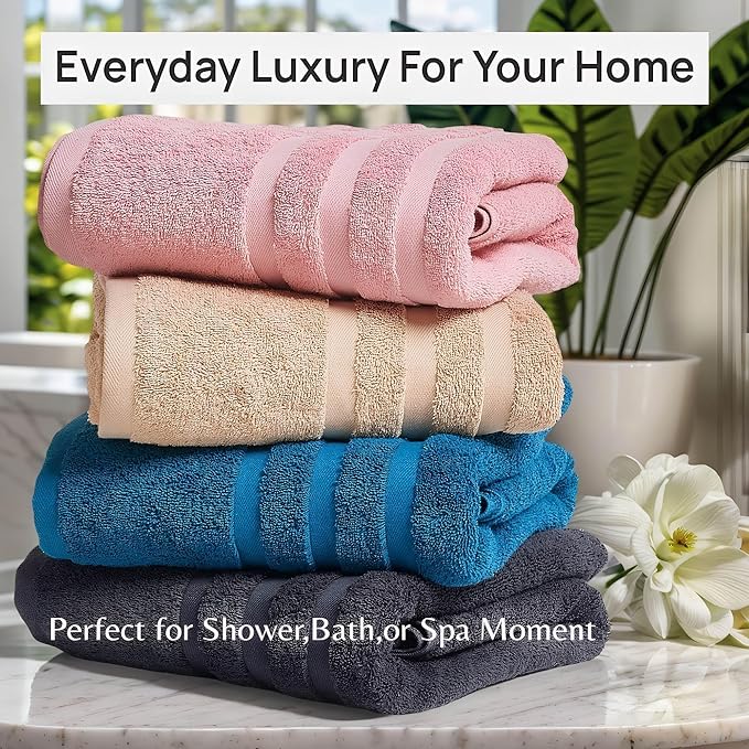 Bath Towels 4 Pack, 30 x 60 Inches, Large 100% Cotton Towels, Soft, Absorbent, Comfortable for Home, Spa, and Gym, (Pink,Gray,Beige,Blue)