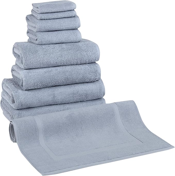 Classic Turkish Towels CTT - 9 Piece Premium Towel Set, 100% Turkish Cotton, Highly Absorbent & Comfy, Includes 2 Bath Towels, 2 Hand Towels, 2 Washcloths, 2 Bath Sheets & 1 Bath Mat | (Blue)