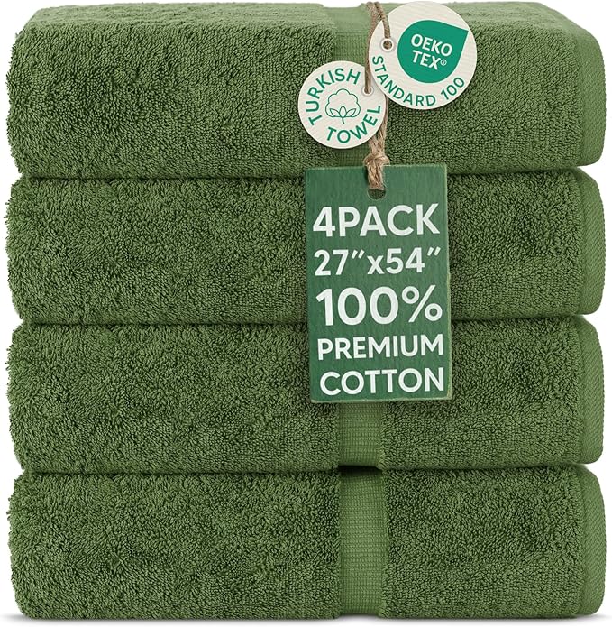 Chakir Turkish Linens | Hotel & Spa Quality 100% Cotton Premium Turkish Towels | Soft & Absorbent (4-Piece Bath Towels, Moss)