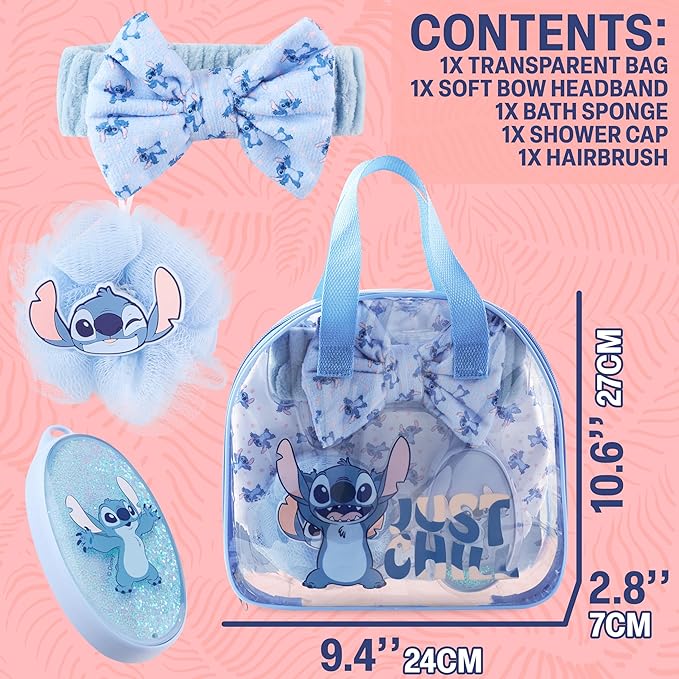 Disney Stitch Shower Accessories Set and Clear Toiletry Bag with Shower Cap Headband Bath Sponge for Bath Spa, Gifts for Girls, Teens, Women (Blue Stitch)