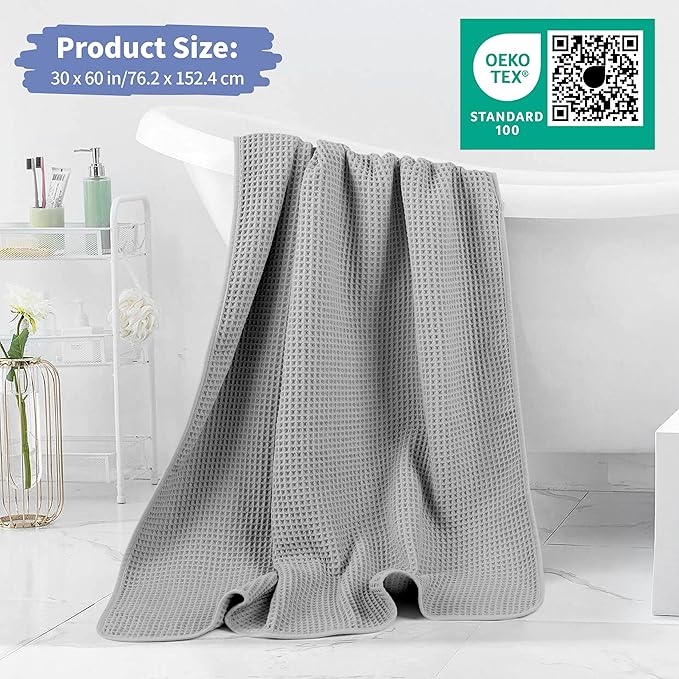 MICROFI New Microfiber Waffle Bath Towels, 2 Pieces, Soft, Absorbent, Fast Drying, Lint Free 430 GSM (Silver+Dark Blue)