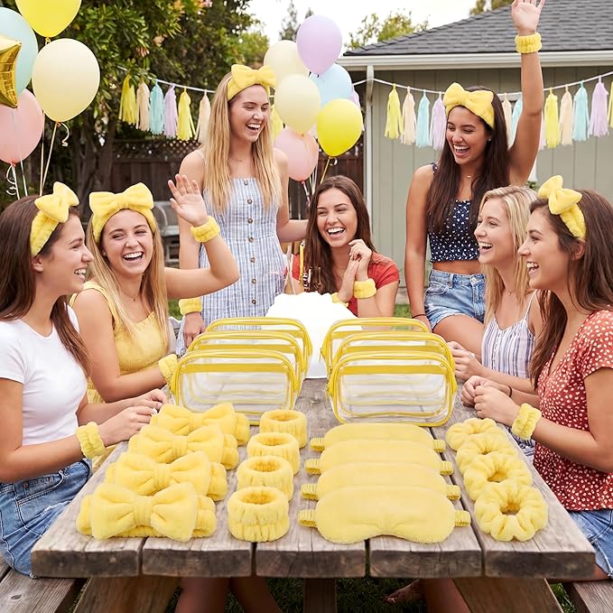 Hoteam 10 Pcs Spa Party Supplies Gift for Mother's Day Sleepover Party Favor Spa Headband Wristband Sleep Eye Mask Velvet Scrunchies for Skin Care Makeup Slumber Night Favor(Yellow)