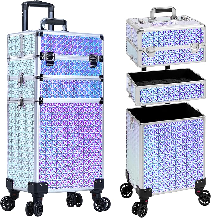 3 in 1 Rolling Makeup Train Case Professional Large Cosmetic Trolley Cosmetology Case on Wheels Traveling Cart Trunk for Hairstylist Artist Nail Beauty Salon Barber, Silver