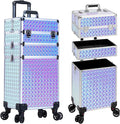 3 in 1 Rolling Makeup Train Case Professional Large Cosmetic Trolley Cosmetology Case on Wheels Traveling Cart Trunk for Hairstylist Artist Nail Beauty Salon Barber, Silver
