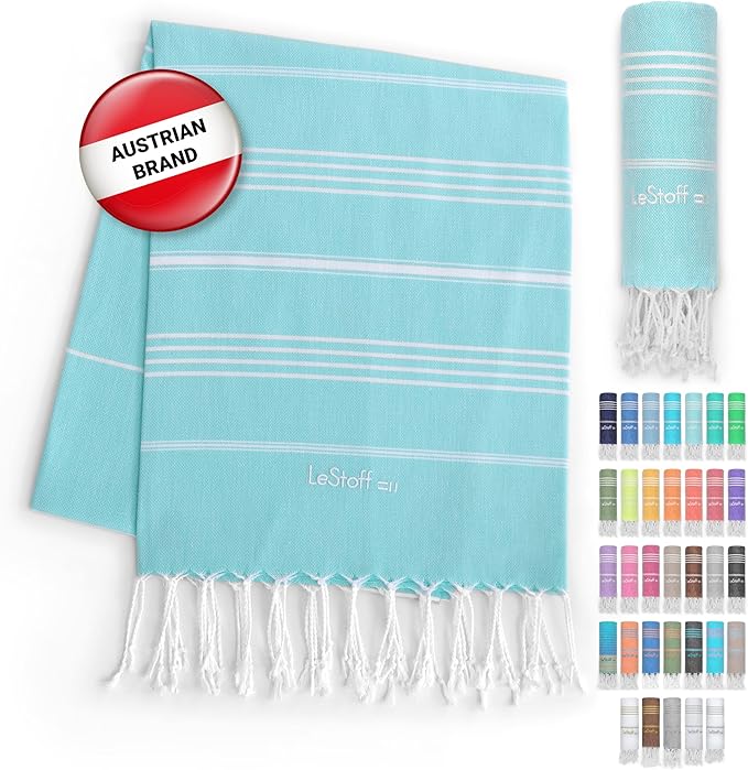 LeStoff Turkish Beach Towel 100% Organic Cotton Prewashed 38"x71" Soft Highly Absorbent Quick Drying Beach Pool Bath Yoga Gym Sauna Travel SPA Eco-Friendly Blanket Fouta Peshtemal - (Light Aqua)