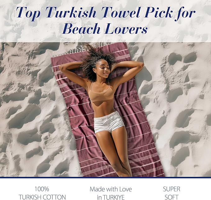 Cacala Lightweight and Thin Turkish Beach Towel 100% Cotton Sand-Free and Quick-Drying Goodness Perfect as an Extra Large Travel Towel, Beach Accessory, or Gift for Beach Lovers, 37 x 70