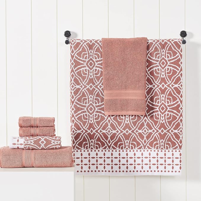 Modern Threads Monroe 6-Piece 100% Cotton Towel Set – Reversible Yarn Dyed Jacquard & Solid – Includes 2 Bath Towels, 2 Hand Towels, 2 Washcloths – Absorbent, Quick Dry, Soft & Durable – Clay