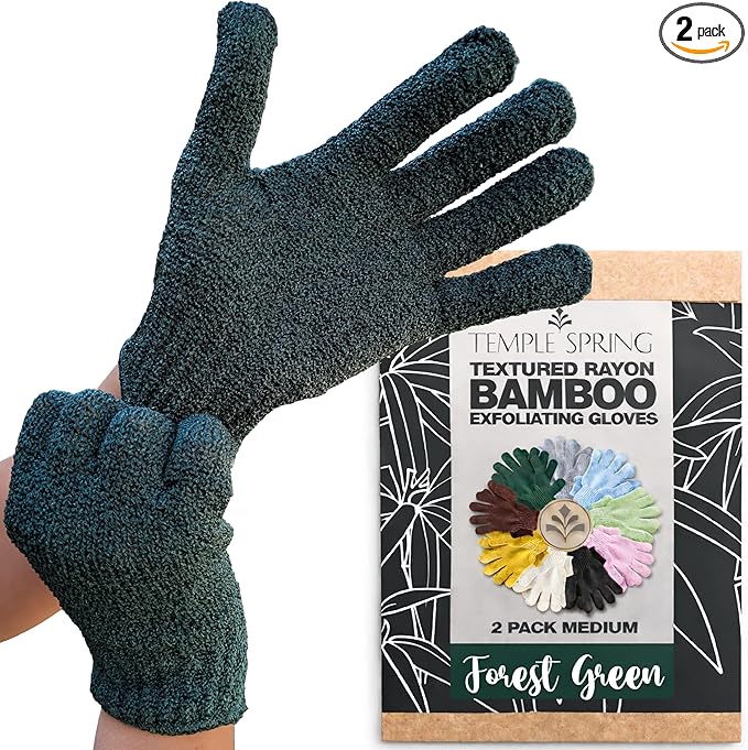 Temple Spring Shower Gloves Exfoliating for Women – Natural Textured Rayon Bamboo Exfoliating Glove with Thicker Weave for Deep Cleansing, Dead Skin Removal & Smooth Radiant Skin (1 Pair,Forest Green)