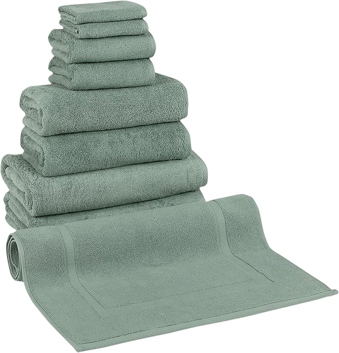 Classic Turkish Towels CTT - 9 Piece Premium Towel Set, 100% Turkish Cotton, Highly Absorbent & Comfy, Includes 2 Bath Towels, 2 Hand Towels, 2 Washcloths, 2 Bath Sheets & 1 Bath Mat | (Green)