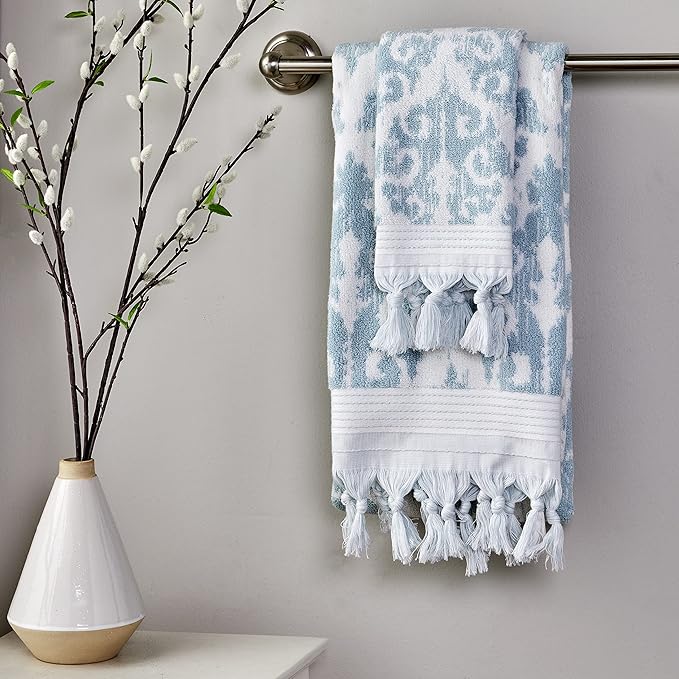 SKL Home Mirage Fringe 100% Turkish Cotton Hand Towel Set, Aqua
