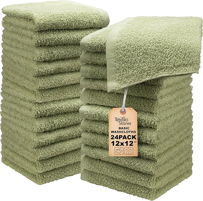 Basic Wash Cloths 12x12 Inches – Bulk Pack of 24 – Sage Green Color – Soft and Absorbent Multipurpose Cotton Washcloths for Bathroom, Spa, Gym, Salon, Hotel, and Everyday Use