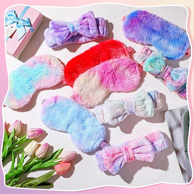 Xuhal 24 Pcs Spa Sleepover Party Favors Supplies Plush Headband and Eye Mask for Women Soft Makeup Washing Face Sleep Hair Bands for Girl Gift Birthday Stuff(Tie Dye)