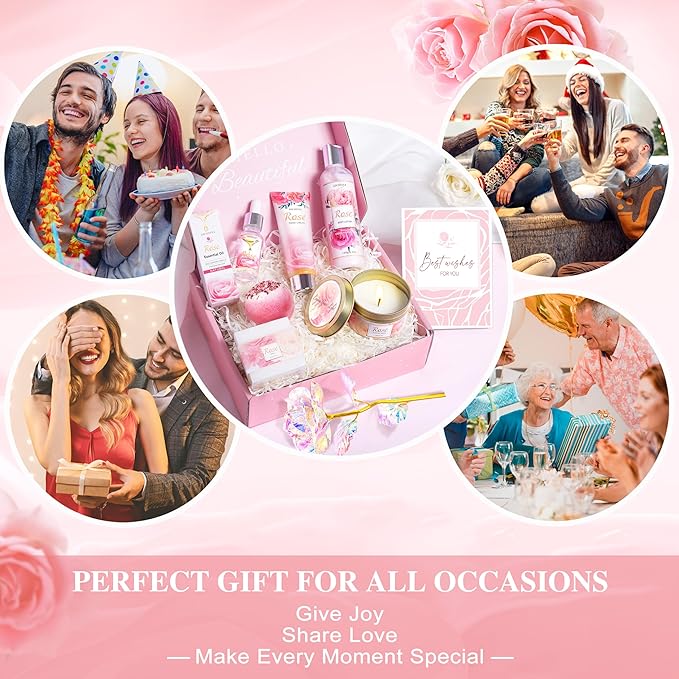 Gifts for Women, Happy Birthday Gifts for Women, Mothers Bath and Body Gift for Woman with Unique Rose Self Care Gift, Home Spa Gift Basket for Mom, Girlfriend, Sister, Female Friends, Coworker