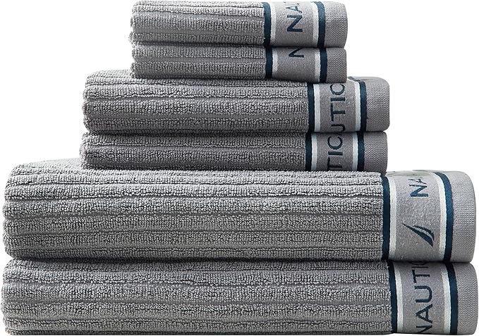 Nautica - Bath Towels, 100% Soft & Absorbent Fluffy Cotton, Highly Absorbent & Quick Dry, Cotton Bathroom Towels (Signature Grey, 6 Piece)