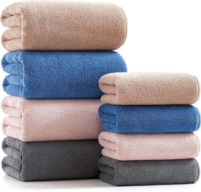 sakano Family Sized 8 Piece Towel Bundle, 4 Bath Towels and 4 Hand Towels, Mixed Color, Ultra Absorbent Soft, Fade-Resistant Lint-Free, Great for Daily Use and Spa - Dark Grey+Pink+Blue+Khaki