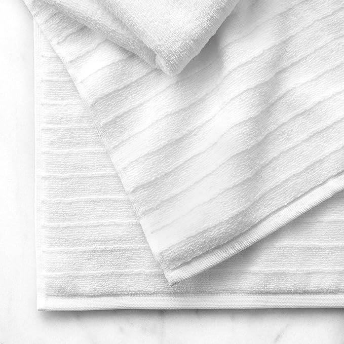 Welhome James 100% Cotton Textured Stripe Towel Set - 6 Piece Set of 2 Bath Towels, 2 Hand Towels, 2 Washcloths, Soft & Absorbent, White