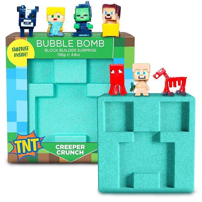 TNT Creeper Bath Bomb for Kids with Block Builder Surprise Toys Inside (1 Pack) – Large Fizzy Bubble Mine Bomb - Easter Basket Stuffers for Boys, Fruity Scent, Skin-Safe, Made in USA by Two Sisters