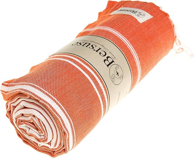 Bersuse Towels Anatolia XL Beach Blanket Throw Blanket Turkish Towel 100% Cotton Extra-Large Quick-Dry Lightweight Premium Peshtemal Towel - 61x82 Inches, Dark Orange