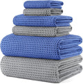POLYTE 430 GSM Microfiber Quick Dry Lint Free Oversize Bath Towel Set, 6 Piece (Waffle Weave)