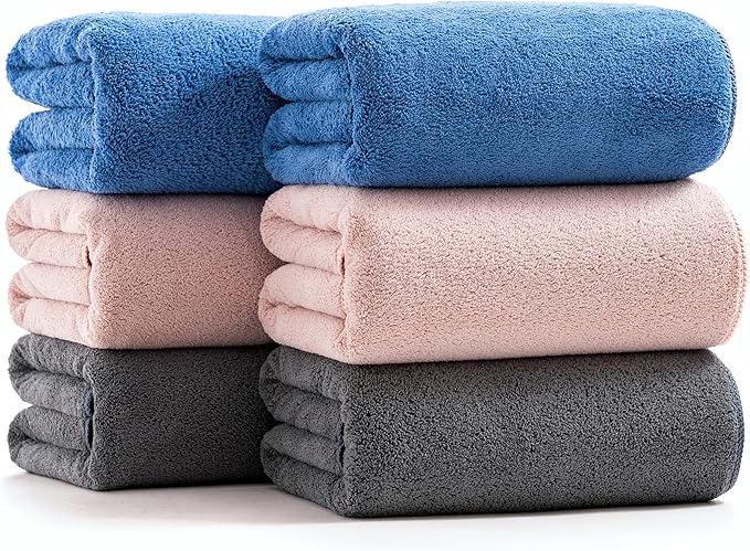 sakano 6-Piece Colorful Microfiber Bath Towel Set - Fast-Drying, Super Absorbent & Non Shedding Towels for Family, Gym, Spa and Salon -Pink+Dark Gray+Blue, 28x57 Inches