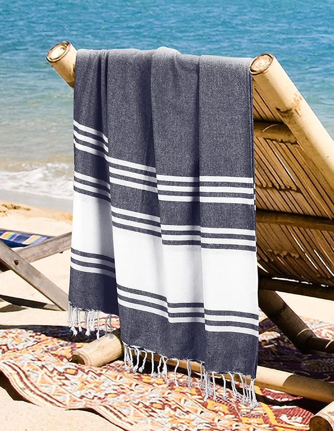 Goroly Home Cotton Turkish Peshtemal Beach Towel, Extra Large, Thin Quick Dry Sand Free Pool & Swim Towel, Bathing Blanket, Travel Essentials, (Dark Navy, 36x71 Inches)
